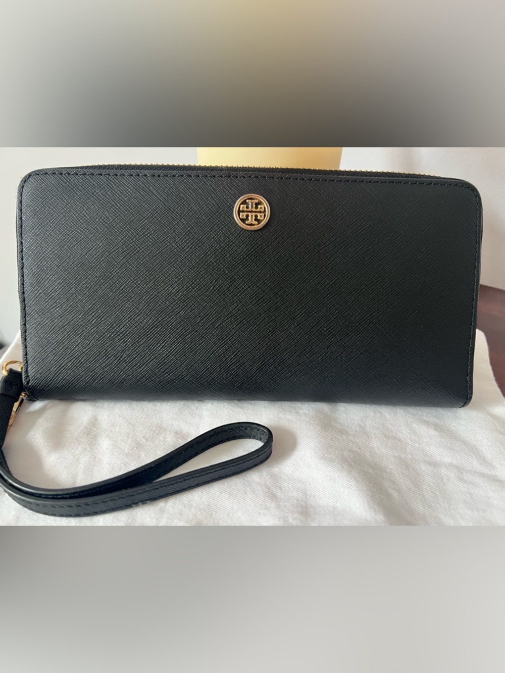 Tory Burch Black Saffiano Zip-Around Wristlet with Gold Logo